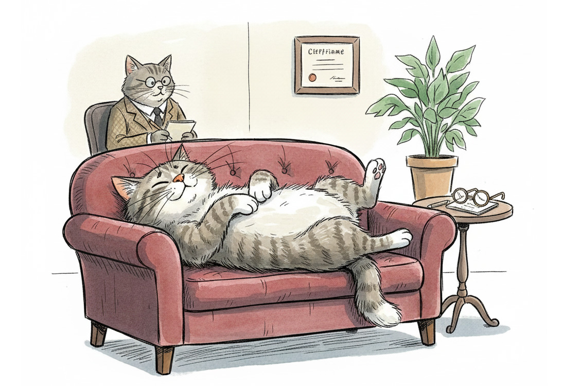 Cartoon Katze liegt auf der Couch