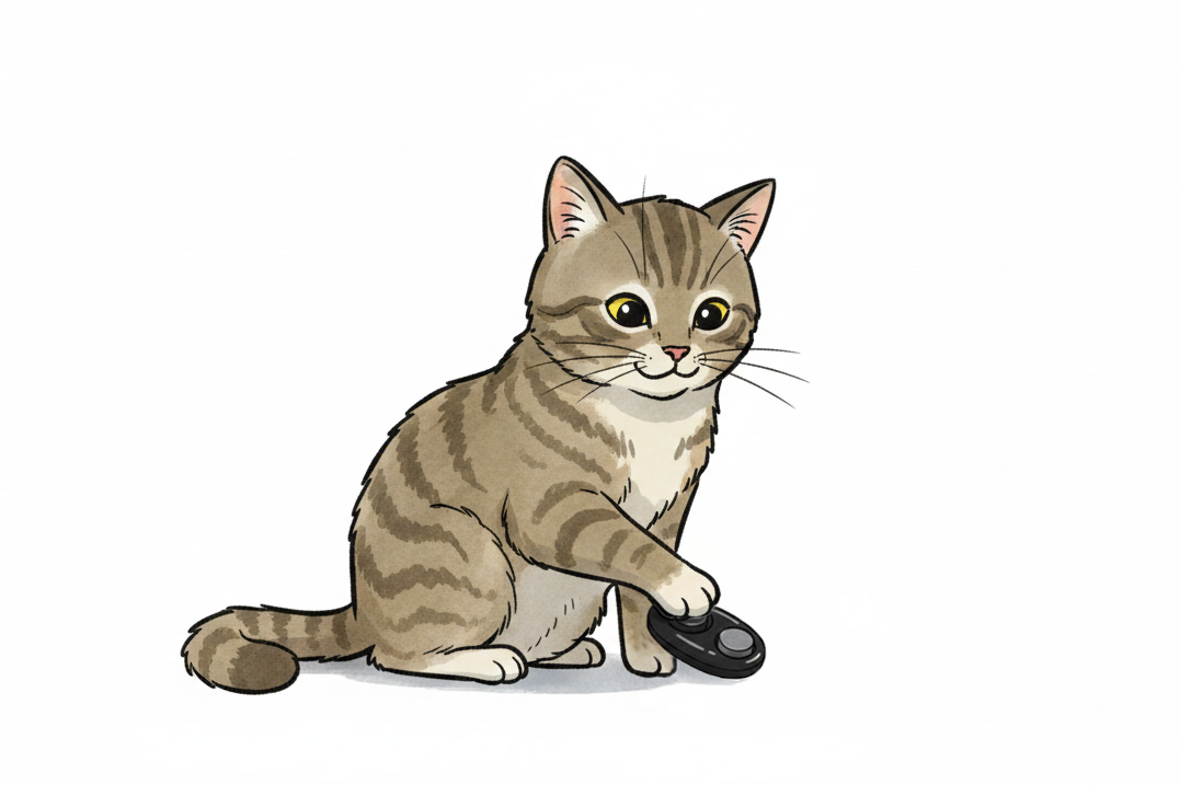 Cartoon Katze spielt mit einem Klicker